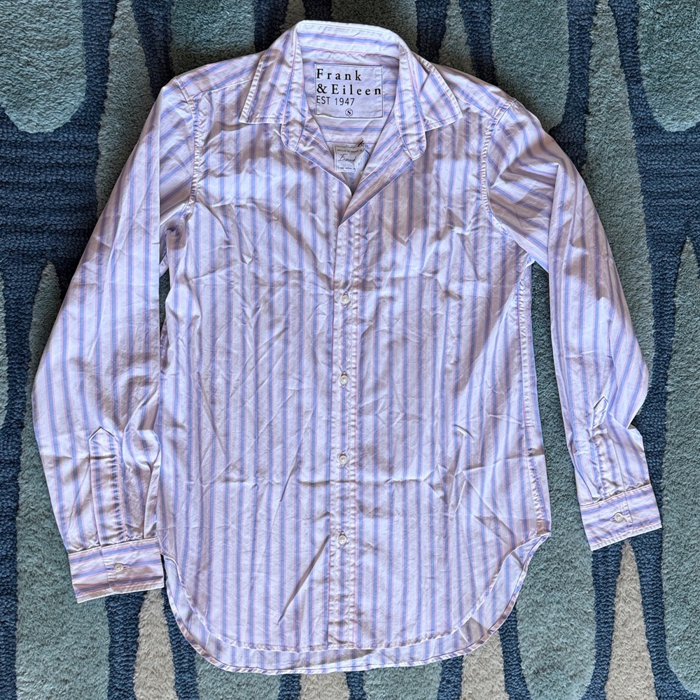 Frank & Eileen Women’s Blue, Pink and White Striped Button-Down Shirt.